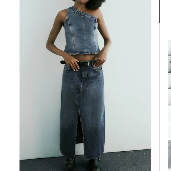 NWT ZARA LONG DENIM SKIRT NAVY BLUE - Picture 5 of 10